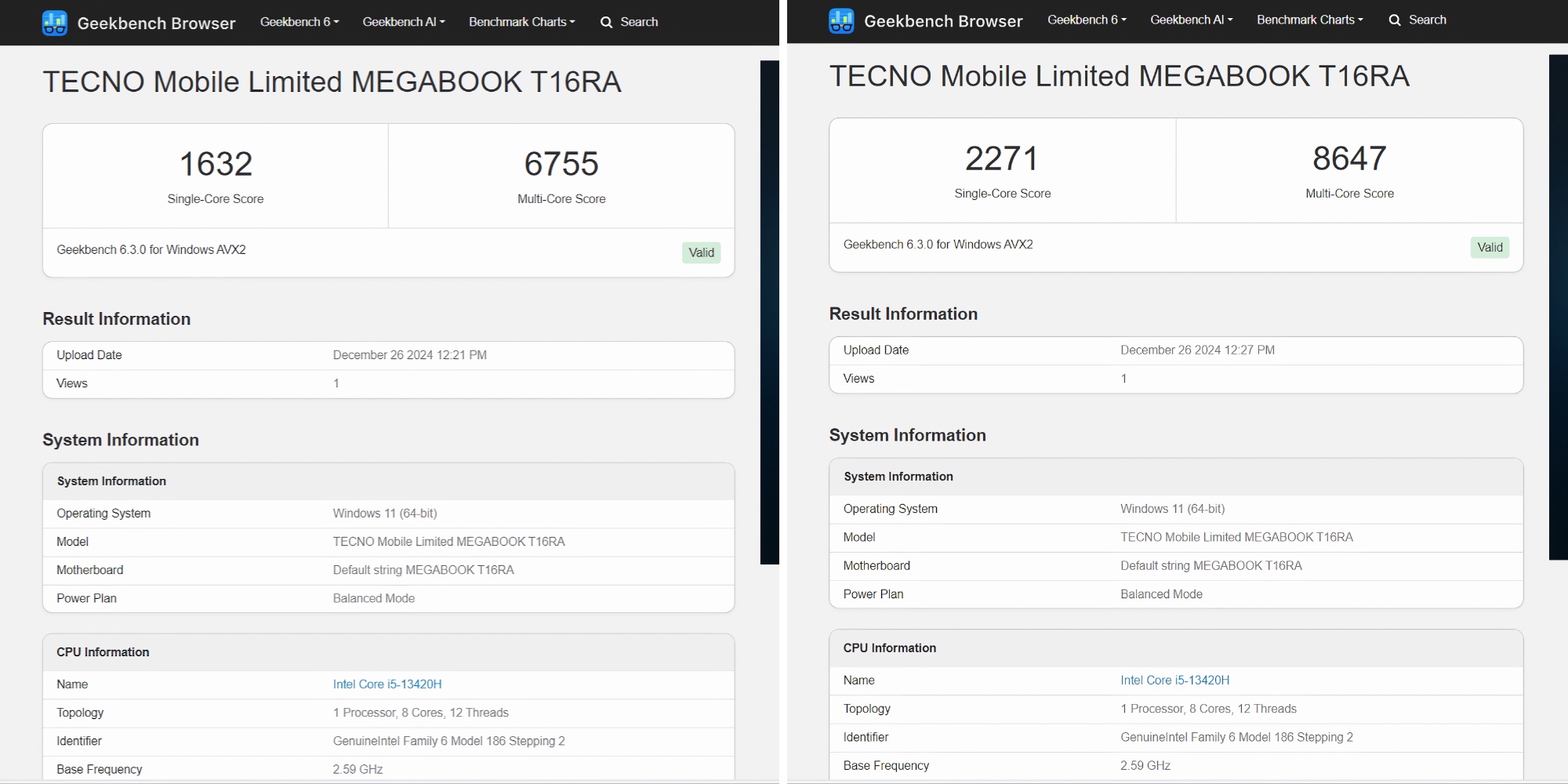 TECNO Megabook T16: результаты теста в Geekbench 6 при работе от батареи и от розетки 